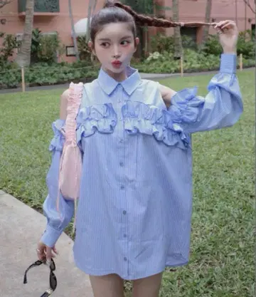 darich 멀티 스트라이프 프릴 셔츠 튜닉 (완판템)
