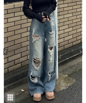 GRL 데미지 컷 루즈 데님 팬츠 [cu525]