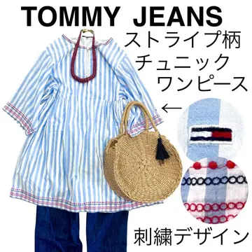 TOMMY JEANS 토미 진스/스트라이프 코튼 튜닉 원피스 자수