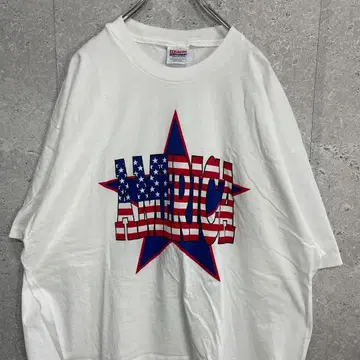 헤인즈 90년대 USA 생산 싱글 스티치 미국 프린트 티셔츠 2XL