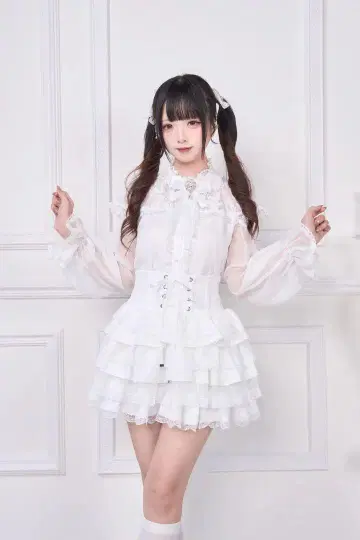 Nogenki 더블 레이어 쉬폰 블라우스 화이트 L