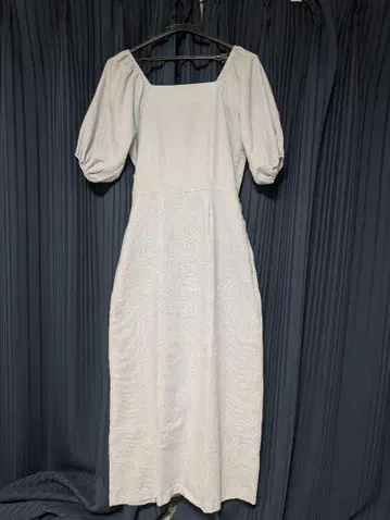 natural couture 면 린넨 퍼프 소매 원피스 색스 블루