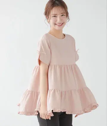 fitmore 슬릿 슬리브 밑단 프릴 티어드 반팔 상의