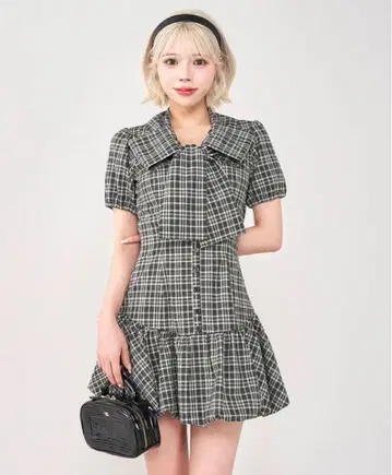 Darich 빅 리본 벌룬 체크 미니 원피스 블랙
