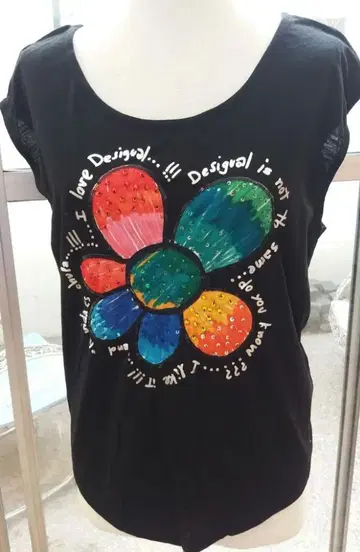 Desigual 데시구알 플라워 비즈 스팽글 셔츠 블랙 슬리브리스