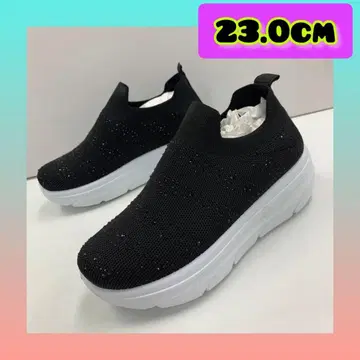23.0cm 여성용 새상품 통굽 스톤 장식 슬립온 스니커즈 블랙