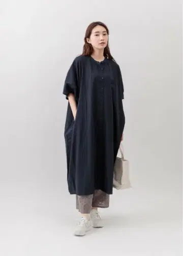 새상품 면 린넨 코튼 린넨 스탠드 카라 원피스 네이비