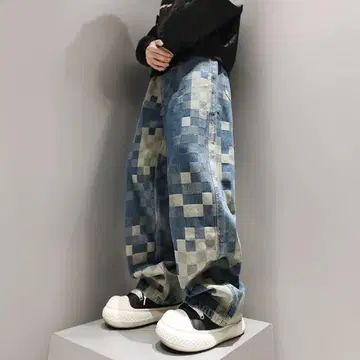 새상품 체크 무늬 블루 데님 와이드 팬츠 XL