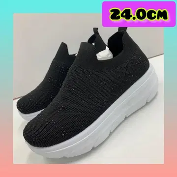 24.0cm 여성용 새상품 통굽 스톤 장식 슬립온 스니커즈 블랙