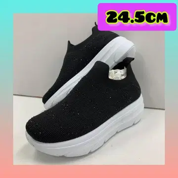 24.5cm 여성용 새상품 통굽 스톤 장식 슬립온 스니커즈 블랙