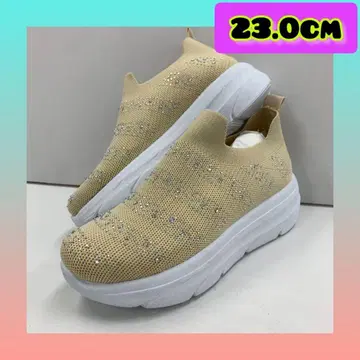 23.0cm 여성용 새상품 통굽 스톤 장식 슬립온 스니커즈 베이지