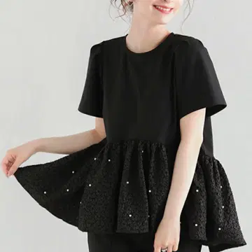 핏모어 플라워 자카드 절개 펄 상의 페플럼