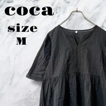 [고품질] coca 블랙 V넥 상의 5부 소매 레이스 장식 [M]