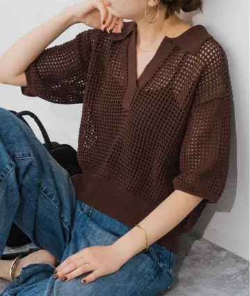 Spick&Span 메쉬 피케 셔츠 하프 슬리브 니트