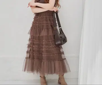 프릴 디자인 브라운 롱 스커트