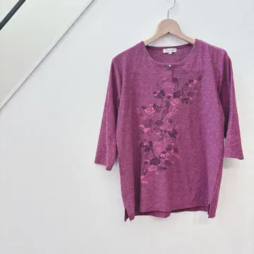 Mochia Giene/5부 소매/티셔츠/컷소/꽃무늬/자수/쇼와 레트로