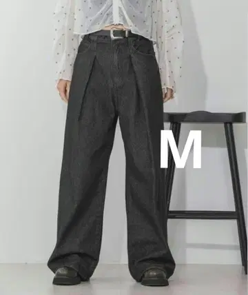 지나시스 턱 데님 와이드 팬츠 M 블랙