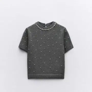 큐빅 & 모조 진주 니트 스웨터 반팔 그레이 ZARA