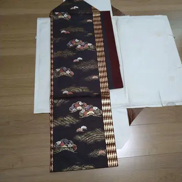 나고야 오비 구름과 꽃 무늬 블랙 레드 금