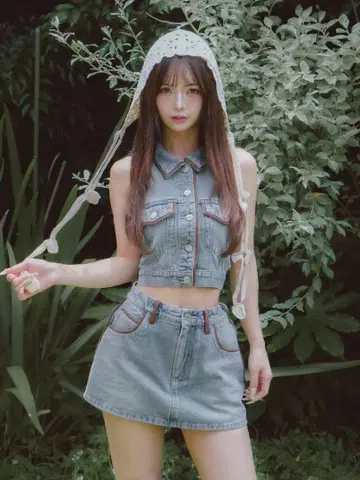 darich 스웨이드 파이핑 데님 상의 미니 스커트 셋업