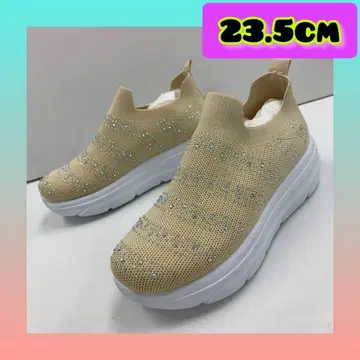 23.5cm 여성용 새상품 통굽 스톤 장식 슬립온 스니커즈 베이지