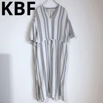 KBF 반팔 원피스 스트라이프 V넥 끈 넉넉한 화이트 F