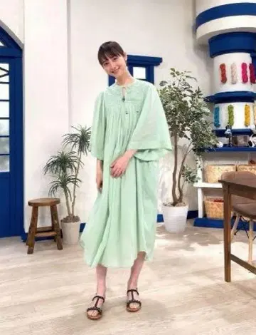 [] 코튼 보일 민트 그린 V넥 롱 원피스