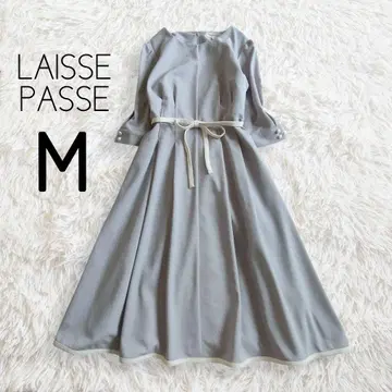 7부 소매 플레어 원피스 M 블루 그레이 롱 무지/LAISSE PASSE