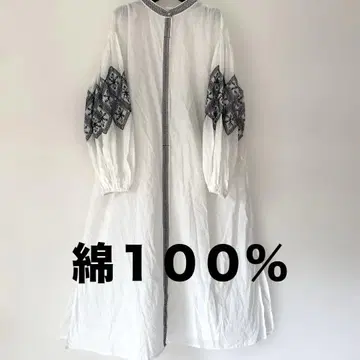 자수 화이트 셔츠 원피스 퍼프 소매 면100%