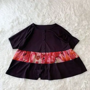 TOKUKO 1er VOL 쉬폰 배색 가디건 꽃무늬 M 브라운