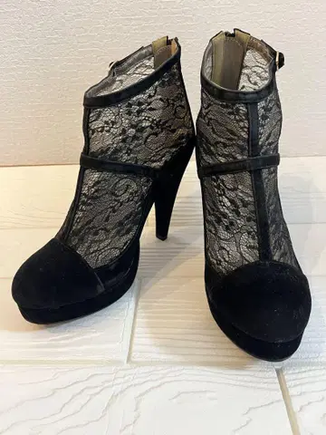 RANDA 블랙 레이스 스웨이드 부티 25.5cm