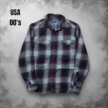 90s GEORGE 긴팔 플란넬 셔츠 USA 섀도우 체크 옴브레 프리넬