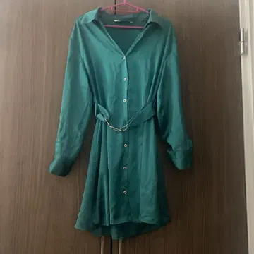 ZARA 새틴 에메랄드 그린 긴팔 셔츠 원피스 S
