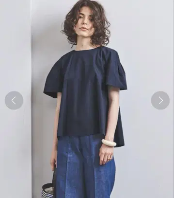 UNITED ARROWS 볼륨 슬리브 블라우스 네이비