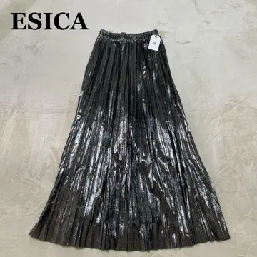 택 포함 새상품 에시카 메탈릭 플리츠 스커트 광택 실버 F