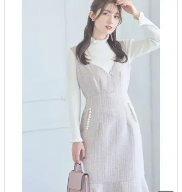 포켓 펄 장식 머메이드 라인 트위드 오버롤 스커트