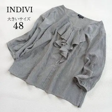 INDIVI 인디비 빅 사이즈 48 스트라이프 가슴 프릴 블라우스 그레이