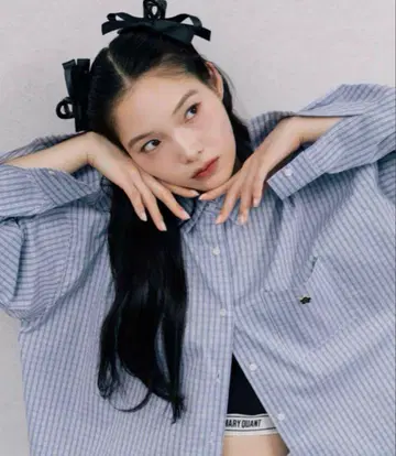 컨디션 최상 MARY QUANT x PUBLUX 로고 자수 빅 셔츠 블루