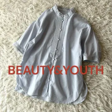 새상품급 뷰티 앤 유스 프릴 스탠드 칼라 블라우스 면마 스카이블루