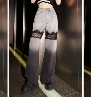 다리치 스캘럽 레이스 데님 롱 팬츠
