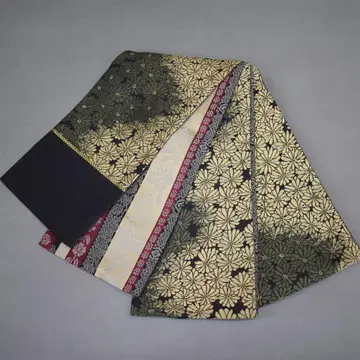 M701-2 미사용품 순수 실크 니시진 비단 반폭 오비 블랙 금 국화