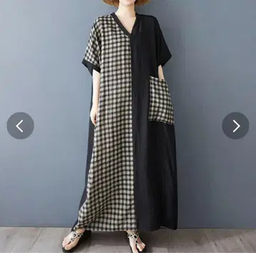 새상품 내추럴 계열 V넥 무지 x 깅엄 롱 원피스 루즈한 사이즈