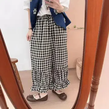 미사용 새상품 깅엄 체크 와이드 팬츠 허리밴딩