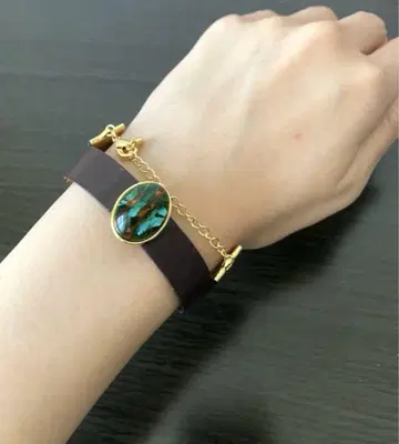 팔찌 타원형 스톤 그린 컬러 다크 브라운 가죽 조정 가능