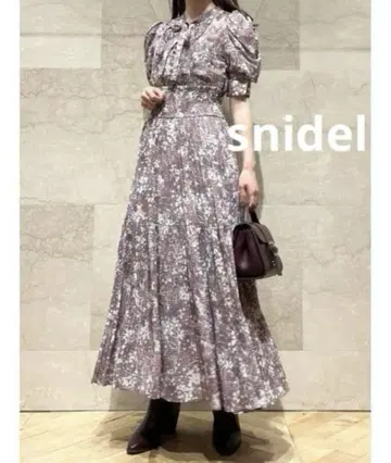 스나이델 보타이 프린트 원피스 플리츠 퍼프 슬리브 셔링 S