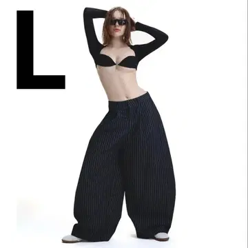 L 사이즈 PUSH PUSH 와이드 팬츠 블랙 스트라이프 데님
