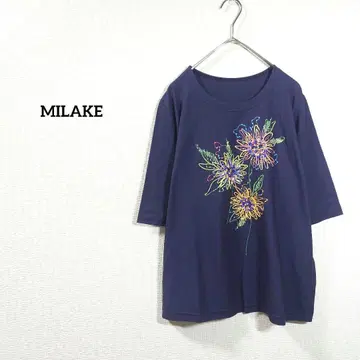 MILAKE 오분 소매 티셔츠 반팔 꽃무늬 자수 퍼플