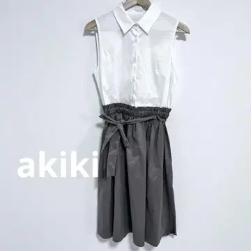 [새상품급] akiki 슬리브리스 도킹 원피스 셔츠 카키 리본