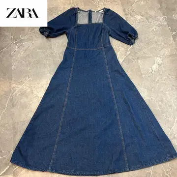 ZARA 자라 롱 데님 원피스 스퀘어 넥 퍼프 슬리브 S 사이즈