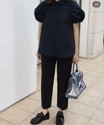 MACHATT 턱 슬리브 퍼프 블라우스 F 하프 셔츠 네이비